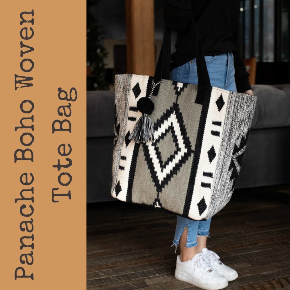 Panache Boho Aztec Woven Tote Bag With Pom Detail - Picture 2 of 10